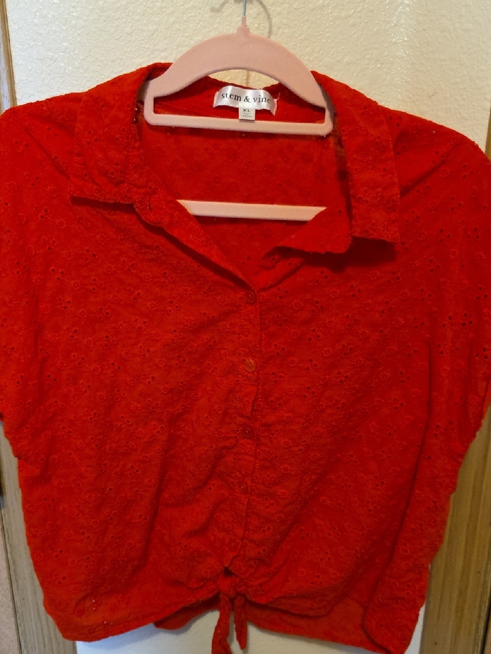 Stem & Vine Red Eyelet Tie-Front Shirt